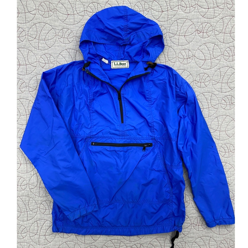 VTG 80s LL Bean Kangaroo Windbreaker Blue Hooded Quarter Zip‎ USA Men's Medium